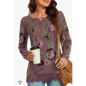 Woman's Lace Hem Floral Long Sleeve Top